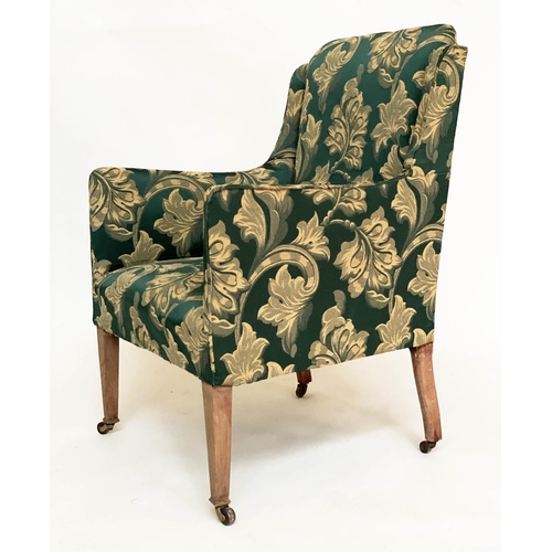 121 - ARMCHAIR, Edwardian with green/gold damask upholstery and square tapering supports, 59cm W.