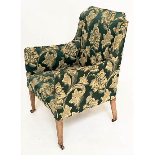 121 - ARMCHAIR, Edwardian with green/gold damask upholstery and square tapering supports, 59cm W.