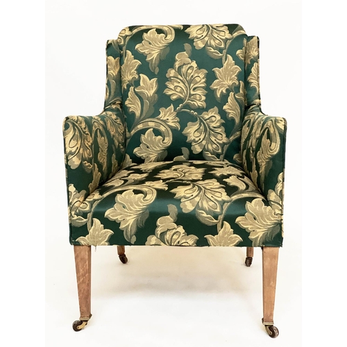 121 - ARMCHAIR, Edwardian with green/gold damask upholstery and square tapering supports, 59cm W.