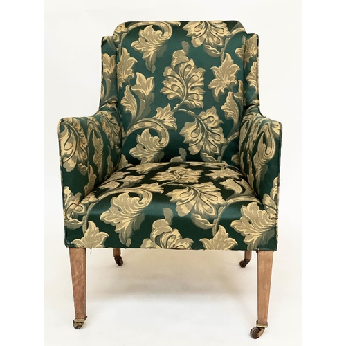 121 - ARMCHAIR, Edwardian with green/gold damask upholstery and square tapering supports, 59cm W.