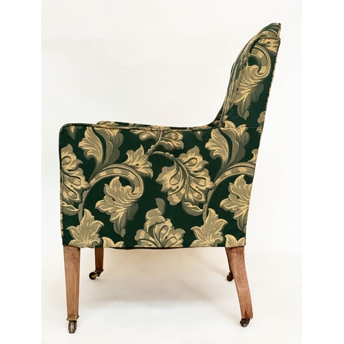 121 - ARMCHAIR, Edwardian with green/gold damask upholstery and square tapering supports, 59cm W.