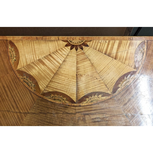 124 - DEMI LUNE CARD TABLE, George III harewood and satinwood, circa 1790, with foldover red baize lined t... 