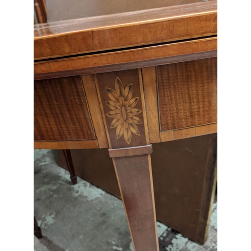 124 - DEMI LUNE CARD TABLE, George III harewood and satinwood, circa 1790, with foldover red baize lined t... 