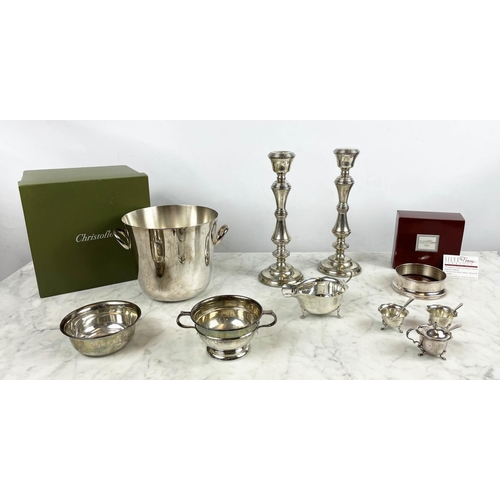 13 - SILVER CANDLESTICKS, a pair, Birmingham 1977, a silver sauce boat, Jay and Richard Attenborough Co L... 