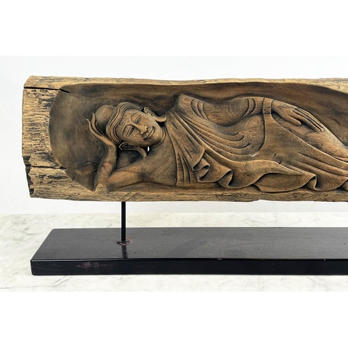 14 - SLEEPING BUDDHA, carved wood on stand, 76cm W x 32cm H.