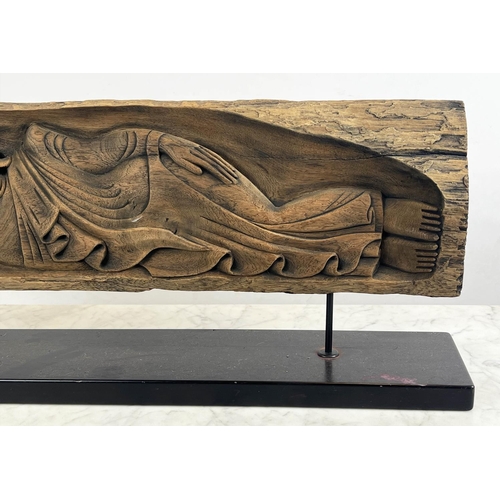 14 - SLEEPING BUDDHA, carved wood on stand, 76cm W x 32cm H.