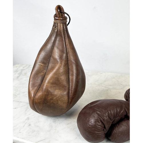 15 - PUNCH BAG, stitched tan leather marked Bronx Gym N.Y.C, together with a speedball and two pairs of g... 