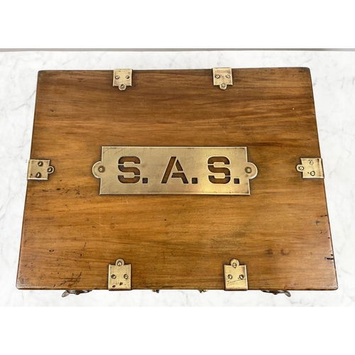 3 - 'S.A.S' DOCUMENT CASE, wood with brass clasps mounts and plaque, 43cm x 33cm x 12cm.