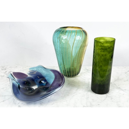 8 - ART GLASS VASES, three, large turquoise vase, 28cm H, tall dark green vase, 25cm H, purple/blue bowl... 