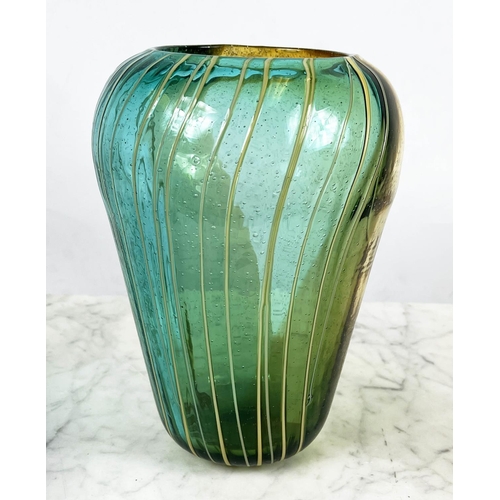 8 - ART GLASS VASES, three, large turquoise vase, 28cm H, tall dark green vase, 25cm H, purple/blue bowl... 