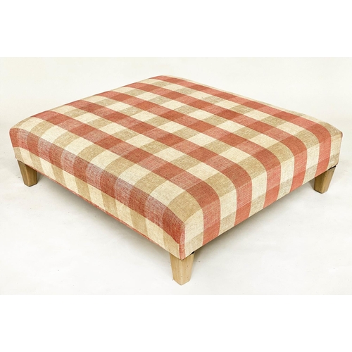 87 - HEARTH STOOL, rectangular check upholstery with square tapering supports, 100cm x 90cm x 31cm H.