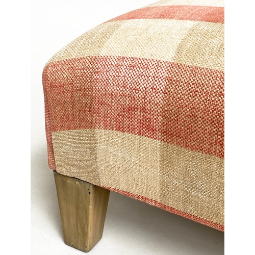 87 - HEARTH STOOL, rectangular check upholstery with square tapering supports, 100cm x 90cm x 31cm H.