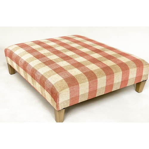 87 - HEARTH STOOL, rectangular check upholstery with square tapering supports, 100cm x 90cm x 31cm H.