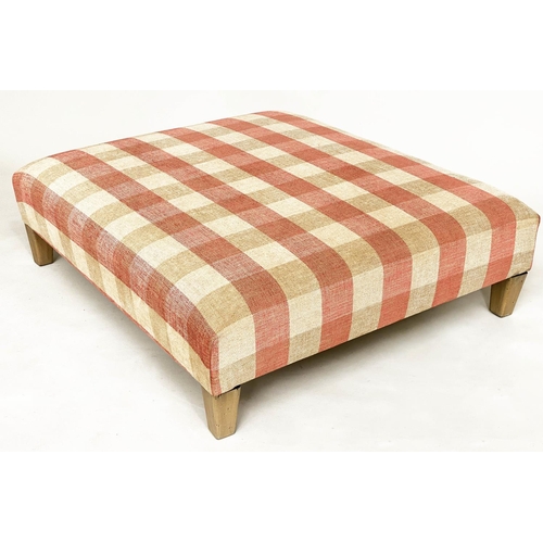 87 - HEARTH STOOL, rectangular check upholstery with square tapering supports, 100cm x 90cm x 31cm H.