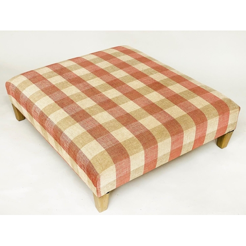 87 - HEARTH STOOL, rectangular check upholstery with square tapering supports, 100cm x 90cm x 31cm H.