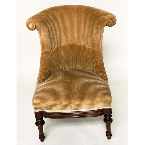 93 - NURSING CHAIR, Victorian walnut and buttoned light brown corduroy upholstery and turned front suppor... 