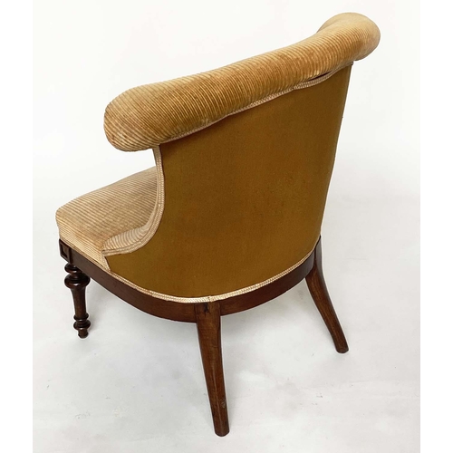 93 - NURSING CHAIR, Victorian walnut and buttoned light brown corduroy upholstery and turned front suppor... 