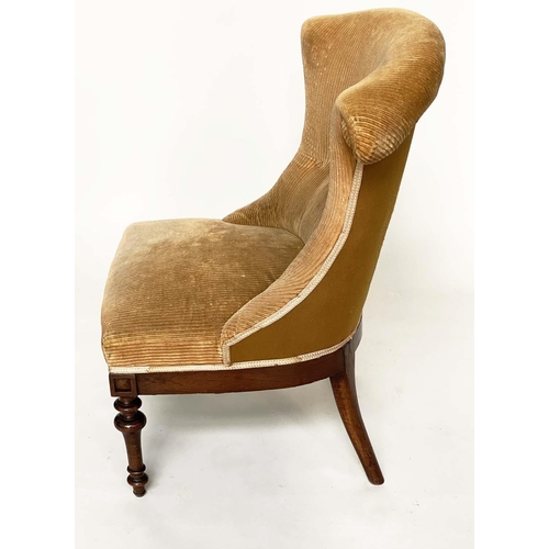 93 - NURSING CHAIR, Victorian walnut and buttoned light brown corduroy upholstery and turned front suppor... 