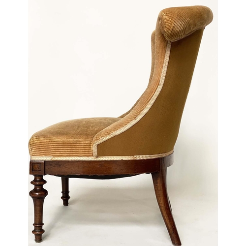 93 - NURSING CHAIR, Victorian walnut and buttoned light brown corduroy upholstery and turned front suppor... 