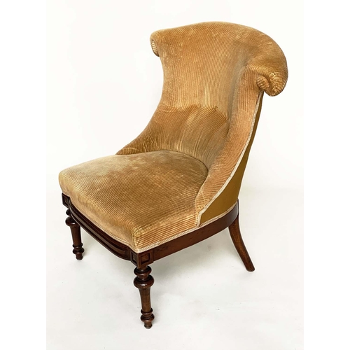 93 - NURSING CHAIR, Victorian walnut and buttoned light brown corduroy upholstery and turned front suppor... 