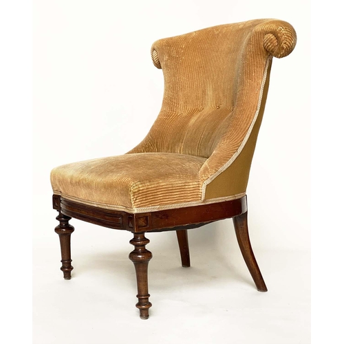 93 - NURSING CHAIR, Victorian walnut and buttoned light brown corduroy upholstery and turned front suppor... 