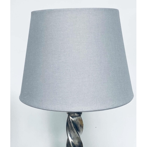 95 - TABLE LAMPS, a pair, silvered metal twist columns and plinth bases, with shades, 64cm H. (2)