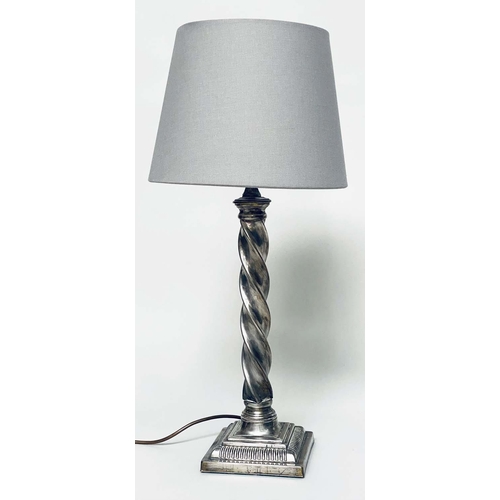 95 - TABLE LAMPS, a pair, silvered metal twist columns and plinth bases, with shades, 64cm H. (2)