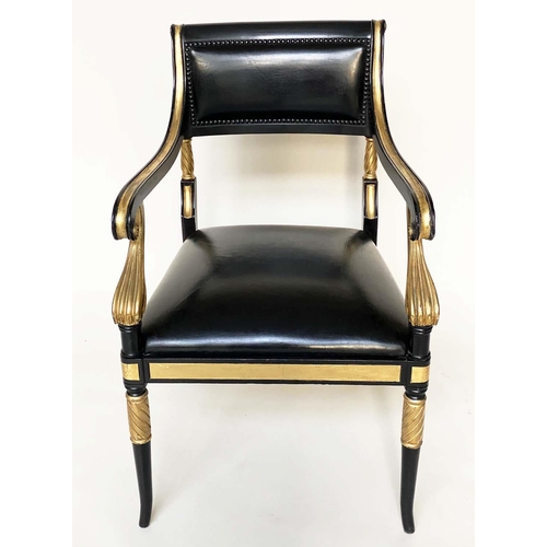 97 - ARMCHAIRS, a pair, Regency style lacquered and gilded with leather seats scroll arms and swept front... 