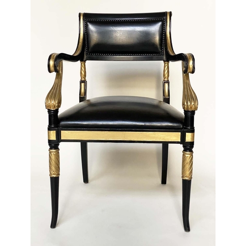 97 - ARMCHAIRS, a pair, Regency style lacquered and gilded with leather seats scroll arms and swept front... 