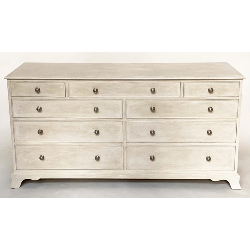 98 - LOW CHEST, Georgian design grey painted with nine drawers and bracket supports, 153cm x 47cm x 76cm ... 