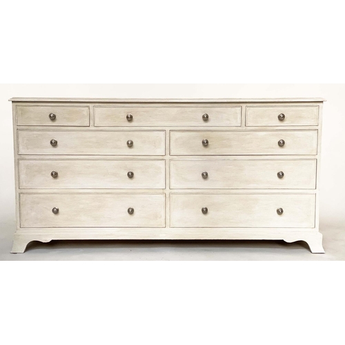 98 - LOW CHEST, Georgian design grey painted with nine drawers and bracket supports, 153cm x 47cm x 76cm ... 