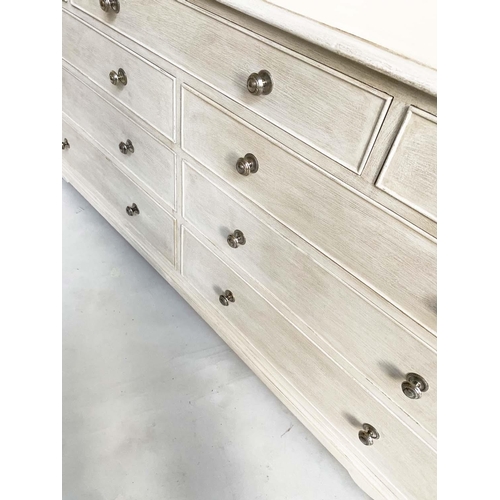 98 - LOW CHEST, Georgian design grey painted with nine drawers and bracket supports, 153cm x 47cm x 76cm ... 