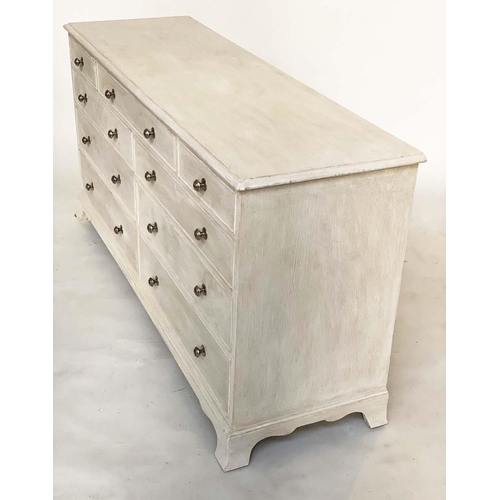 98 - LOW CHEST, Georgian design grey painted with nine drawers and bracket supports, 153cm x 47cm x 76cm ... 