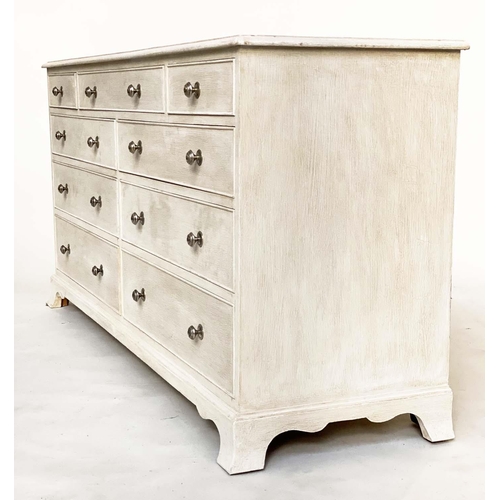 98 - LOW CHEST, Georgian design grey painted with nine drawers and bracket supports, 153cm x 47cm x 76cm ... 