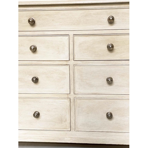 98 - LOW CHEST, Georgian design grey painted with nine drawers and bracket supports, 153cm x 47cm x 76cm ... 