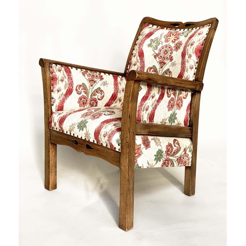 99 - ELBOW/ARMCHAIRS, a pair, early 20th century Arts and Crafts style pierced oak framed with old Englis... 