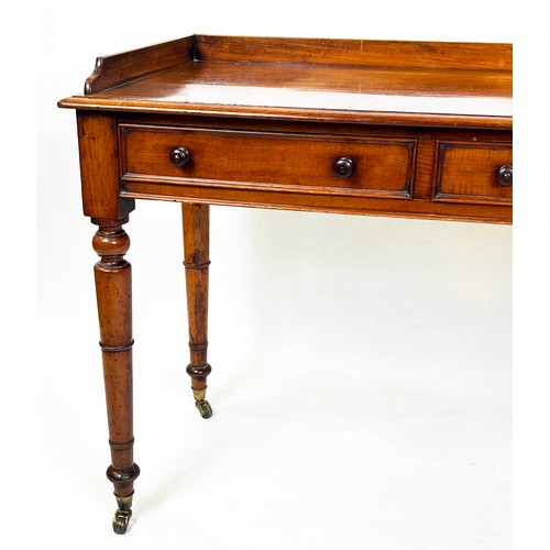 125 - WRITING TABLE, Victorian mahogany with two frieze drawers and galleried top raised on gun barrel tap... 