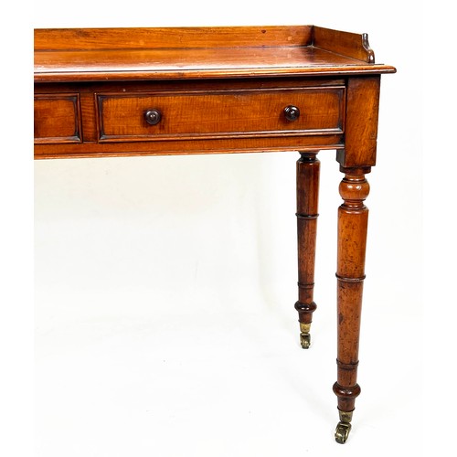 125 - WRITING TABLE, Victorian mahogany with two frieze drawers and galleried top raised on gun barrel tap... 