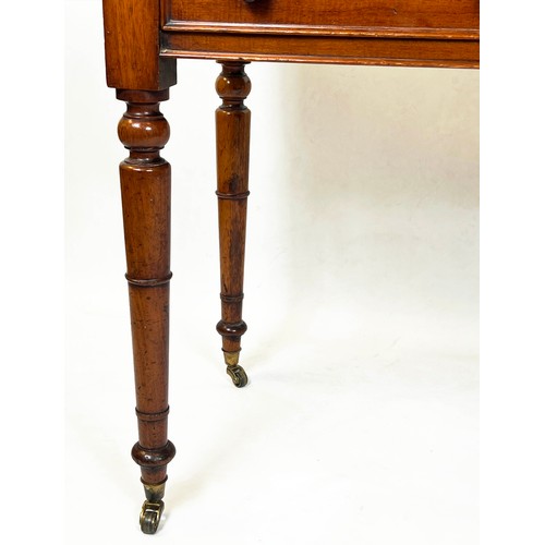 125 - WRITING TABLE, Victorian mahogany with two frieze drawers and galleried top raised on gun barrel tap... 