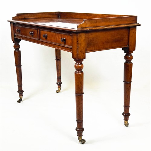 125 - WRITING TABLE, Victorian mahogany with two frieze drawers and galleried top raised on gun barrel tap... 