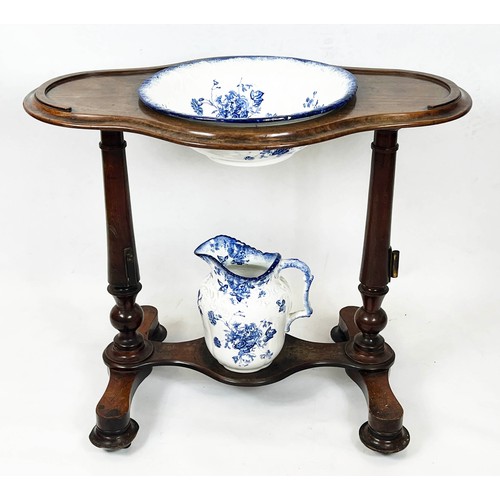 127 - WASHSTAND, Victorian mahogany with blue and white ceramic jug and basin, 77cm H x 89cm x 54cm.