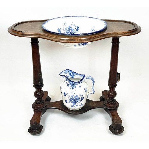 127 - WASHSTAND, Victorian mahogany with blue and white ceramic jug and basin, 77cm H x 89cm x 54cm.