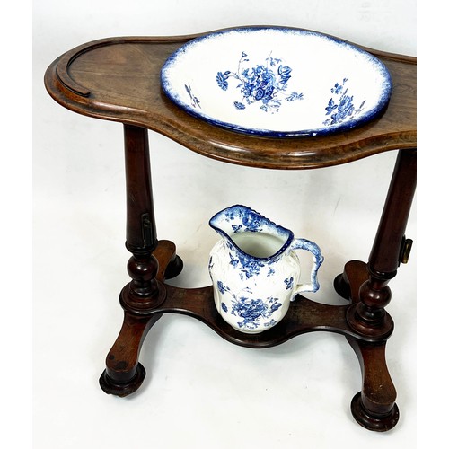 127 - WASHSTAND, Victorian mahogany with blue and white ceramic jug and basin, 77cm H x 89cm x 54cm.