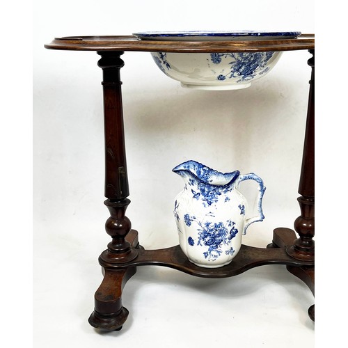 127 - WASHSTAND, Victorian mahogany with blue and white ceramic jug and basin, 77cm H x 89cm x 54cm.