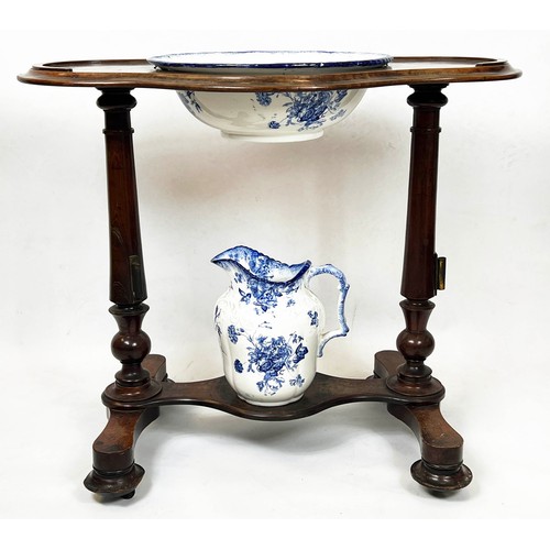 127 - WASHSTAND, Victorian mahogany with blue and white ceramic jug and basin, 77cm H x 89cm x 54cm.