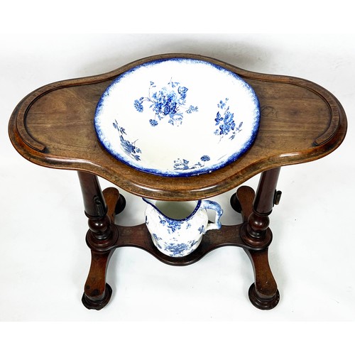 127 - WASHSTAND, Victorian mahogany with blue and white ceramic jug and basin, 77cm H x 89cm x 54cm.