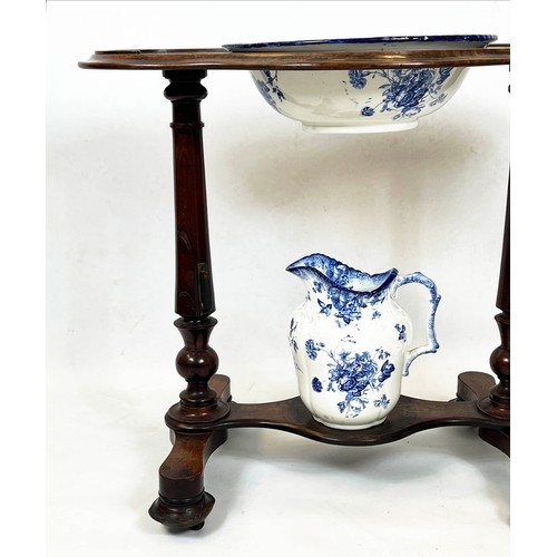 127 - WASHSTAND, Victorian mahogany with blue and white ceramic jug and basin, 77cm H x 89cm x 54cm.