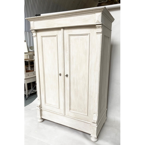 108 - ARMOIRE, 19th century French traditionally grey painted with two panelled doors enclosing hanging sp... 