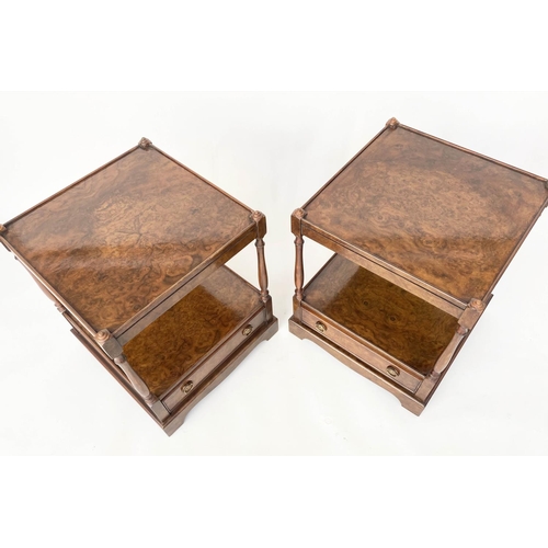 90 - LAMP TABLES, a pair, George III design burr walnut each with two tiers and a drawer, 43cm x 43cm x 6... 