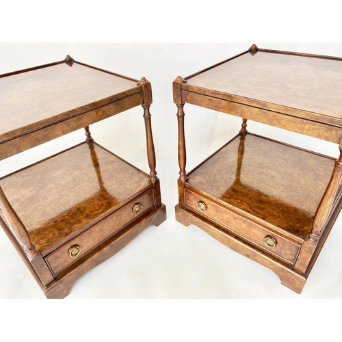 90 - LAMP TABLES, a pair, George III design burr walnut each with two tiers and a drawer, 43cm x 43cm x 6... 